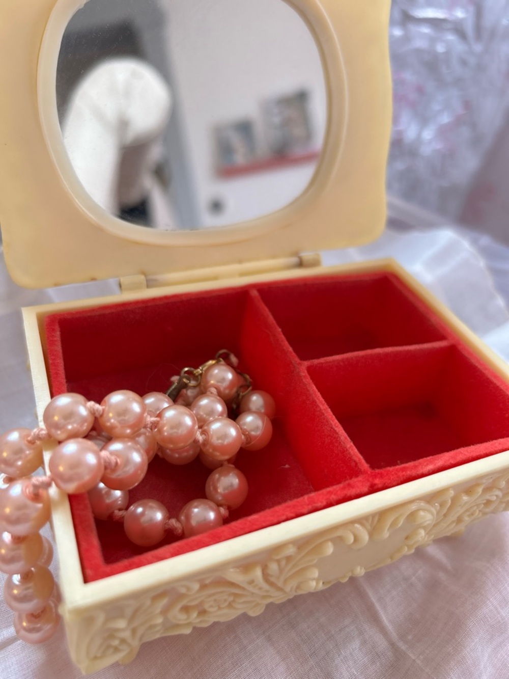 Vintage Ivory Celluloid Jewelry Box lined and footed Victorian interior mirror